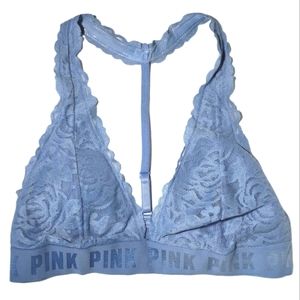 Pink Victoria's Secret Blue Lace T-strap Trangle Halter Bra Medium Bralette